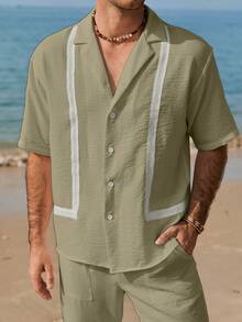 Manfinity Homme Men's Linen-Like Fabric Short Sleeve Shirt And Elastic Waist Pants Set,Sage Green,Summer,Casual,Vacation,Holiday,Ruffle Tape Design,Business Party - Green - View 4