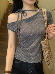 DAZY Women's Polka Dot Tie Shoulder Short Sleeve T-Shirt, Korean Style, Spring/Summer - Grey - View 5