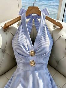 SHEIN Raffinéa Women's Elegant Coastal Light Blue And White Stripe Halter Neck Dress, Metal Sun Decor Summer Holiday Dress, Suitable For Tea Party Vacation, Beach - Blue - View 3
