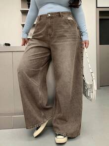 Dazy Plus Jeans de pierna ancha y larga de talla grande con efecto lavado y desgastado - Marrón - Ver 6
