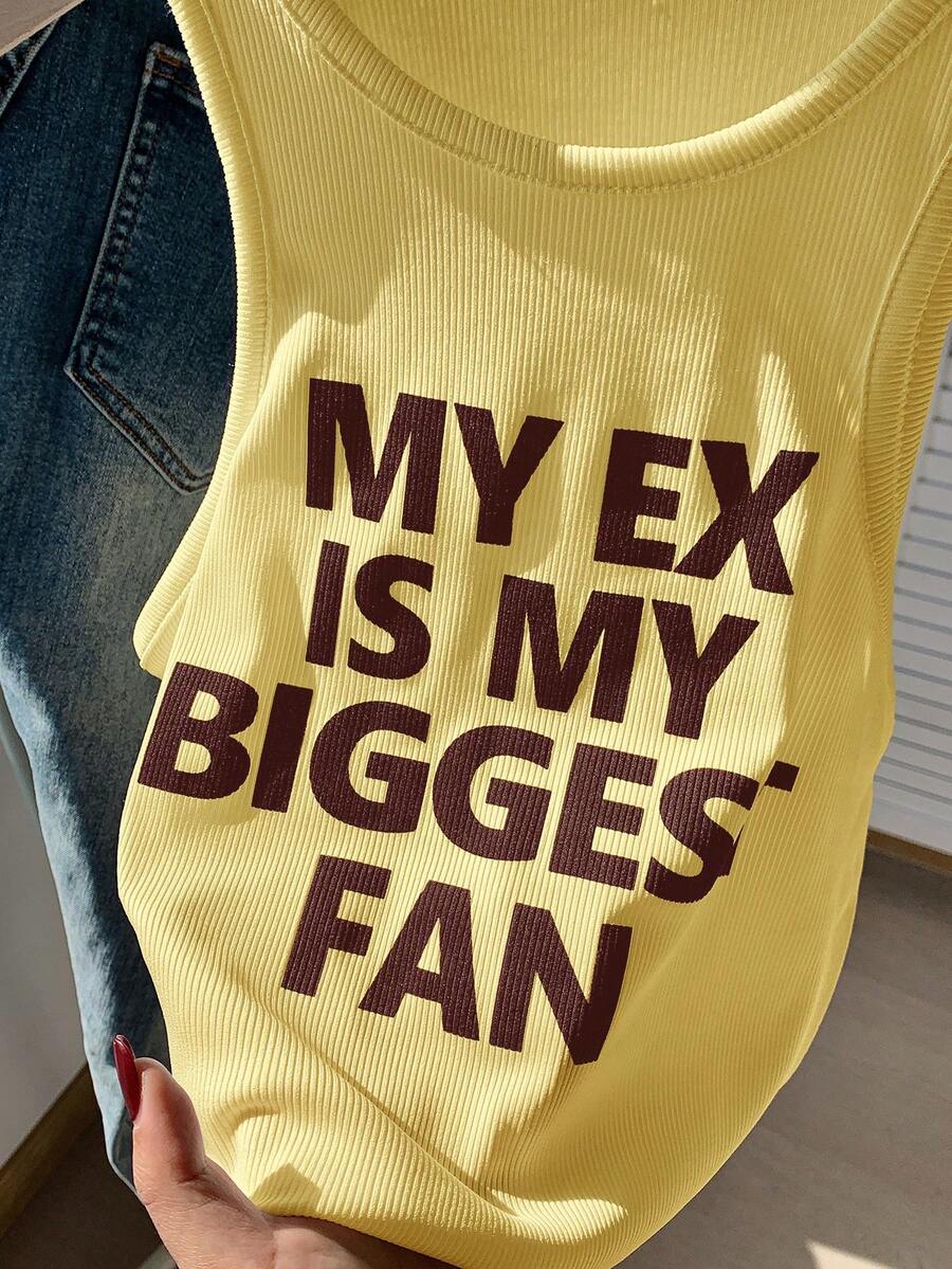 Comfortcana Plus Size Casual Slogan Print Sleeveless Tank Top, Spring/Summer - Yellow - View 1
