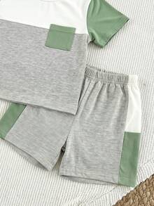 SHEIN 3pcs Kids Summer Clothes Set,Young Boy Blue Striped Patchwork Casual Cute Outfit Include T-Shirt And Shorts,Family Matching Holiday School Home Travel - Multicolor - View 4