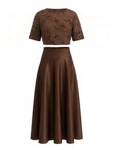 Ellevyn Women's Spring/Summer New Elegant High-End Embroidered Blouse & A-Line Skirt 2-Piece Set - Mocha Brown - View 3