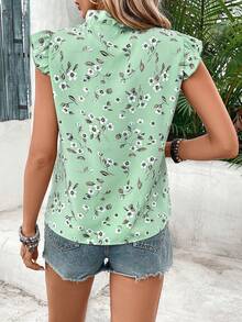 Camisa Casual de Mujer con Estampado Floral, Manga Corta y Lazo, Para Uso Diario y Festivo ZZUO - Verde 3 - Ver 2