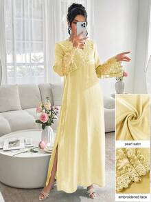 Vestido Maxi Najma con Cuello en V, Bordado Floral, Manga Larga, Patchwork y Bajo con Volantes, Estilo Tradicional Turco y Árabe - Amarillo - Ver 4