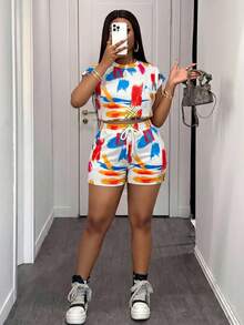 Slaydiva Plus Size Summer Casual All-Over Print Top And Shorts 2 Pieces Set Formal Vacation White - Multicolor - View 8