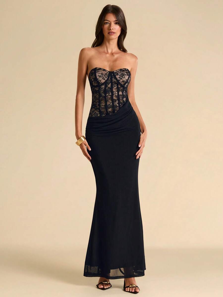 SHEIN BAE Đầm hè gợi cảm, thanh lịch với chất liệu ren đen và lưới, kiểu đuôi cá, thích hợp cho ngày Valentine, tiệc tùng, hẹn hò lãng mạn, phù dâu, đám cưới, dạ hội, sinh nhật. - màu đen - Xem 1