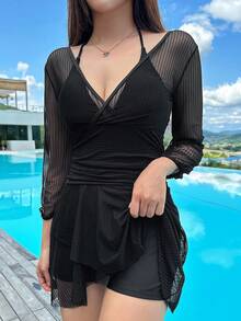 DAZY Solid Halter One Piece Swimsuit Summer Sheer,Beach Women Outfits Vacation - Black - View 3