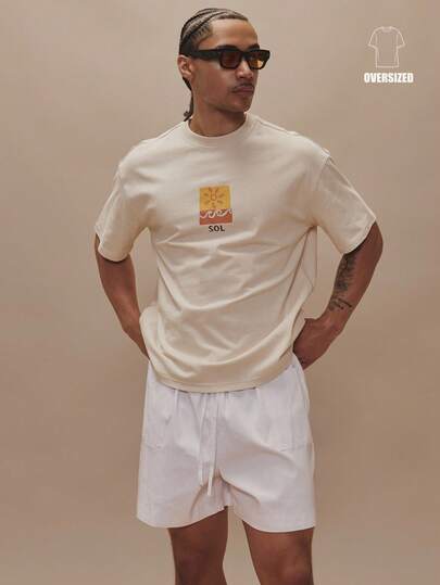Musero Oversized Crew Neck Short Sleeve Dropped Shoulder Graphic Front Patch "SOL" Print Tshirt Spring Summer Essentials Holiday