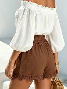 EMERY ROSE Women's Solid Color Elastic Waist Contrast Lace Loose Shorts - Coffee Brown - View 2