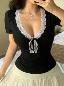 Joudiya 女士蕾丝拼接系带蝴蝶结修身运动短袖T恤，黑白配色，春夏款 - 黑色 - 查看 10