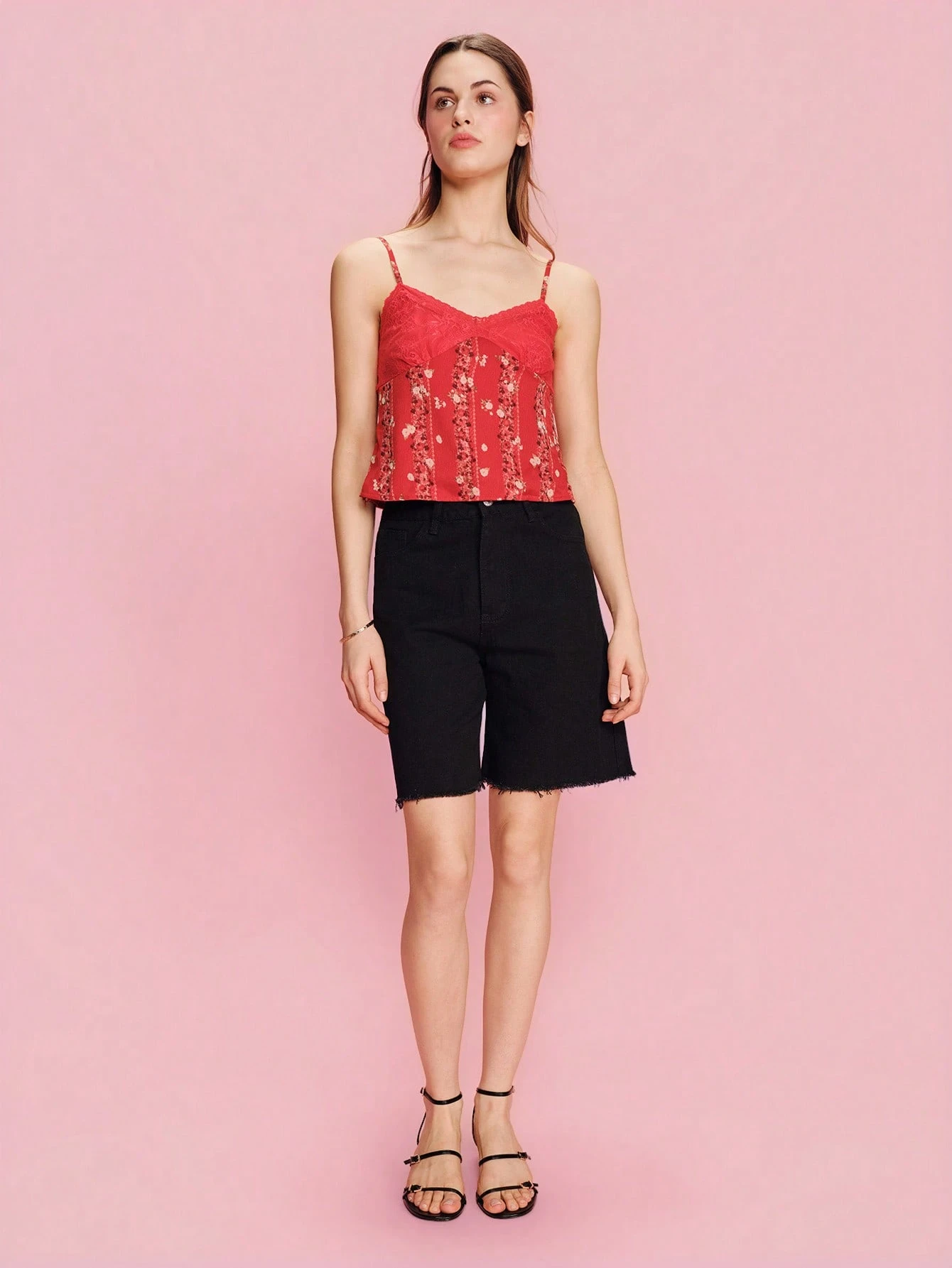 Red Cami Top With Lace Trim And A Floral Striped Print Spring Summer Casual Holiday Top French Style Going Out Top