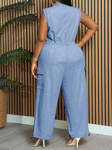 Slaydiva Bộ jumpsuit nữ cỡ lớn màu vàng trơn, không tay, cổ tàu, dáng suông, có dây rút ở eo, có túi và gấu quần điều chỉnh được, kiểu dáng thanh lịch, phù hợp cho công sở và thường ngày, thích hợp cho mùa xuân/hè. - Màu xanh lam - Xem 3