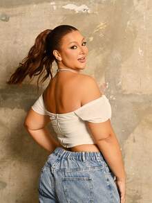 Lele Munniz Top De Estructura De Corsé De Malla Plisada De Hombros Descubiertos Para Mujeres De Talla Grande - Blanco - Ver 6