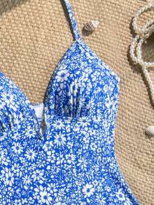 SHEIN 少女蓝白碎花V领露背连体泳衣，夏季海滩度假 - 藍白色 - 查看 3