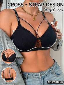 SHEIN Elacene 女士字母肩带舒适镂空文胸 - 黑色 - 查看 1