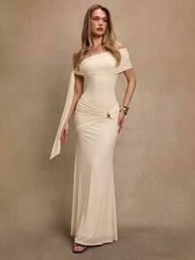 SHEIN BAE Đầm nữ thanh lịch mùa Thu/Đông với dây buộc vai bất đối xứng, dáng ôm đuôi cá, trang trí khóa kim loại, thích hợp cho tiệc cocktail, hẹn hò lãng mạn, mặc nhiều lớp, dự tiệc, Halloween, Giáng sinh. - Màu be - Xem 4