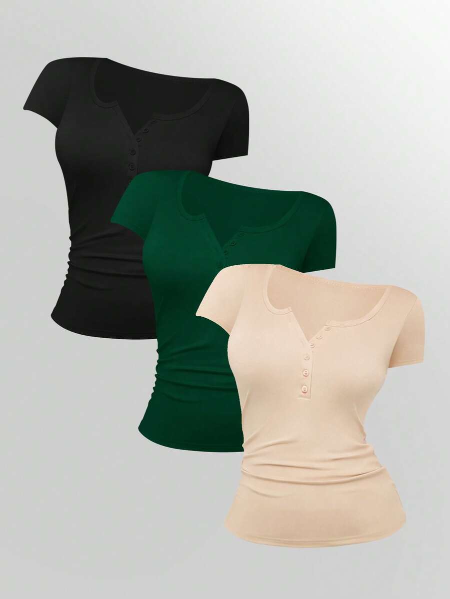 INAWLY Women's Solid Color Button Pleated Elegant Short Sleeve T-Shirt - Multicolor - View 1