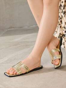 MOTF WOMEN'S SUMMER FASHION STREET CASUAL COMMUTE RIVET DECOR OPEN TOE FLAT SANDALS SPRING SHOES SUMMER SHOES - Light gold - View 5