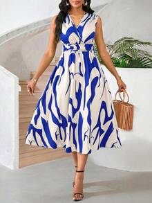 SHEIN Lady Đầm quấn không tay cổ chữ V in họa tiết thanh lịch dành cho nữ, thích hợp cho kỳ nghỉ. - Xanh đậm - Xem 1