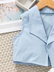 SHEIN Genkimix Kids 少女纯色翻领开衫和吊带连衣裙套装，适合日常穿着和略微正式的场合，非常适合晚春、夏季和初秋。 - 淺藍色 - 查看 8