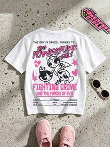 THE POWERPUFF GIRLS X SHEIN GraphicGems 少女休闲街头日常通勤趣味卡通字母印花宽松白色T恤，夏季 - 白色 - 查看 1