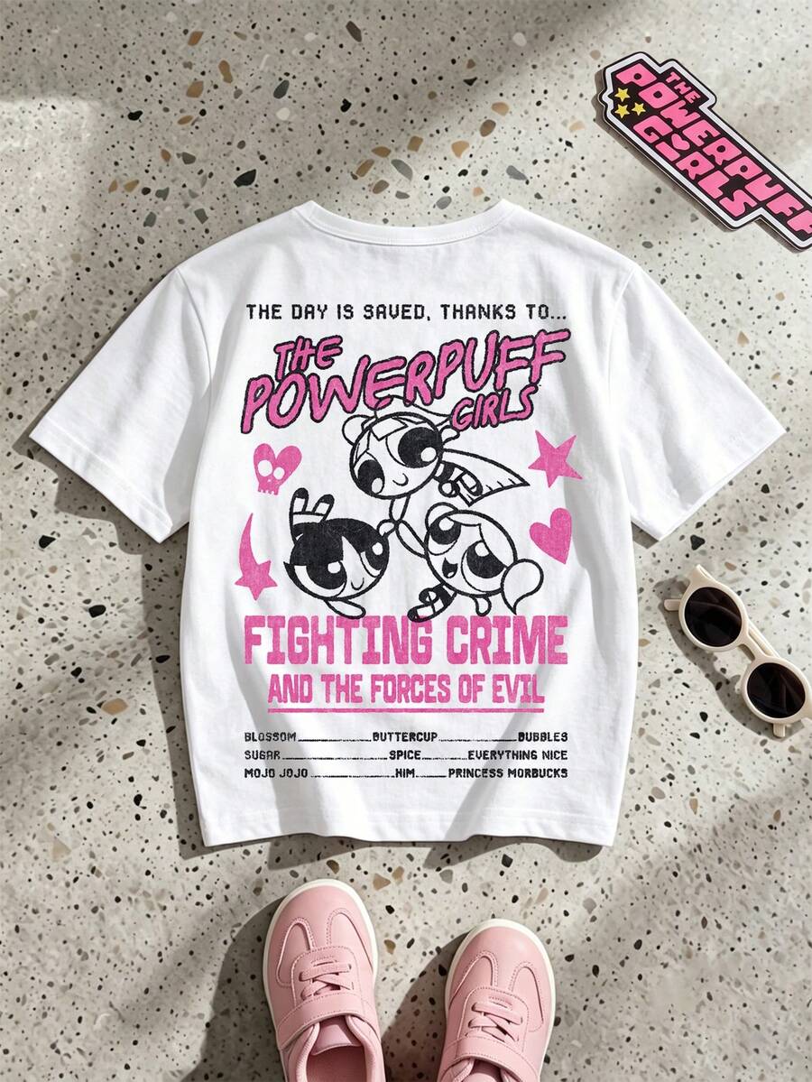 THE POWERPUFF GIRLS X SHEIN GraphicGems 少女休闲街头日常通勤趣味卡通字母印花宽松白色T恤，夏季 - 白色 - 查看 1