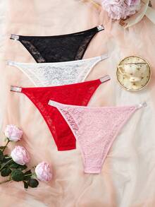Crystal Vow 4pcs/Pack Plus Size Women Lace Trim Briefs - Multicolor - View 2