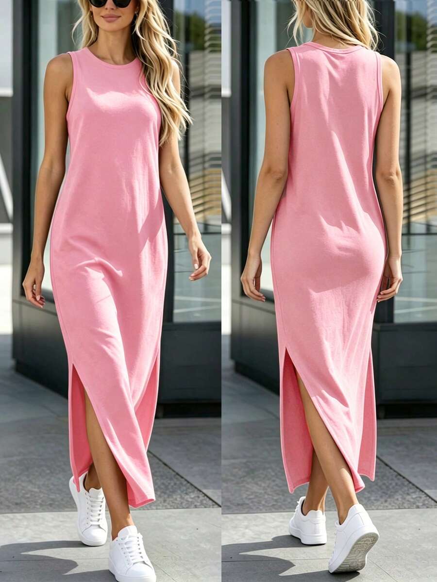 INAWLY Summer Casual Solid Color Side Slit Dress - Pink - View 1
