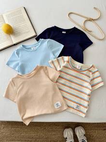 LMoss Kids Bộ 4 áo thun dệt kim cổ tròn ôm dáng, màu trơn kẻ sọc cho bé trai, kiểu dáng thường ngày. - Nhiều màu - Xem 5
