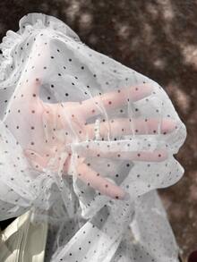 DAZY 女款夏季休閒仙氣性感度假波點印花透視歐根紗荷葉邊飾裙，白色與黑色波點，適合野餐與早午餐 - 黑色 - 查看 5