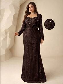 Coutiva Gaun Malam Formal Elegan Musim Dingin Ukuran Besar Warna Cokelat, Leher Persegi, Bordir Mutiara dan Rhinestone, Lengan Panjang, Model Duyung, Gaun Pesta untuk Tamu Pernikahan dan Prom - Coffee Brown - View 1