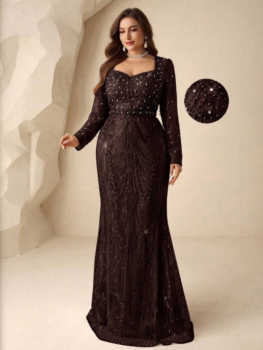 Coutiva Gaun Malam Formal Elegan Musim Dingin Ukuran Besar Warna Cokelat, Leher Persegi, Bordir Mutiara dan Rhinestone, Lengan Panjang, Model Duyung, Gaun Pesta untuk Tamu Pernikahan dan Prom - Coffee Brown - View 1