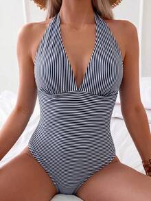 Bonvoyette 2026春夏特款纯色露背吊带褶皱深V领修身优雅连体泳衣（女款） - 彩色 - 查看 5