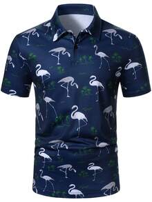 Manfinity Homme Kemeja Polo Pria Kasual untuk Liburan dengan Motif Pohon Kelapa & Flamingo - Navy Blue - View 4