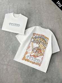 LOONEY TUNES X SHEIN PAVTROS Áo thun nam màu trắng dáng rộng, in chữ hoạt hình ngộ nghĩnh, vai rớt, thích hợp cho kỳ nghỉ và đi làm. - trắng - Xem 3
