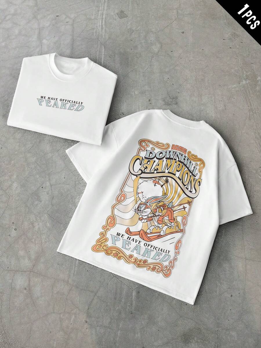 LOONEY TUNES X SHEIN PAVTROS 男士休闲度假通勤趣味卡通字母印花落肩宽松白色T恤 - 白色 - 查看 1