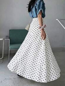 SHEIN Chân váy maxi chấm bi cạp cao, buộc dây, xếp ly, dáng rộng thoải mái, thanh lịch cho bé gái tuổi teen, thích hợp cho kỳ nghỉ. - trắng - Xem 2