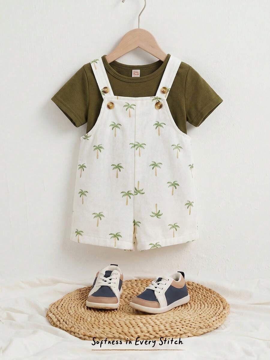 Cozy Pixies Baby Boy Solid Color Soft Knit Crew Neck Short Sleeve Top And Coconut Tree Pattern Bib Shorts 2-Piece Set - Green - View 1