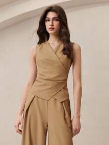 BizChic Sleeveless Wrap Vest & Trousers Suit Set, Business Formal, Vacation Style, Slouchy Chic, Commute, Date, Daily, Office, Independence Day, Graduation Season, Music Festival, Slimming, Elegant, Versatile, Summer, Party, Wedding Guest, Outing, Beach, Gathering, Social, Holiday, Shopping, Afternoon Tea, Travel, Minimalist - Brown - View 6