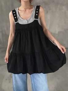 FRIFUL Áo tank top nữ dáng rộng, màu trơn, kiểu dáng tối giản, viền bèo nhún, dây bản rộng, thích hợp mặc hàng ngày đi làm, mùa hè. - màu đen - Xem 2