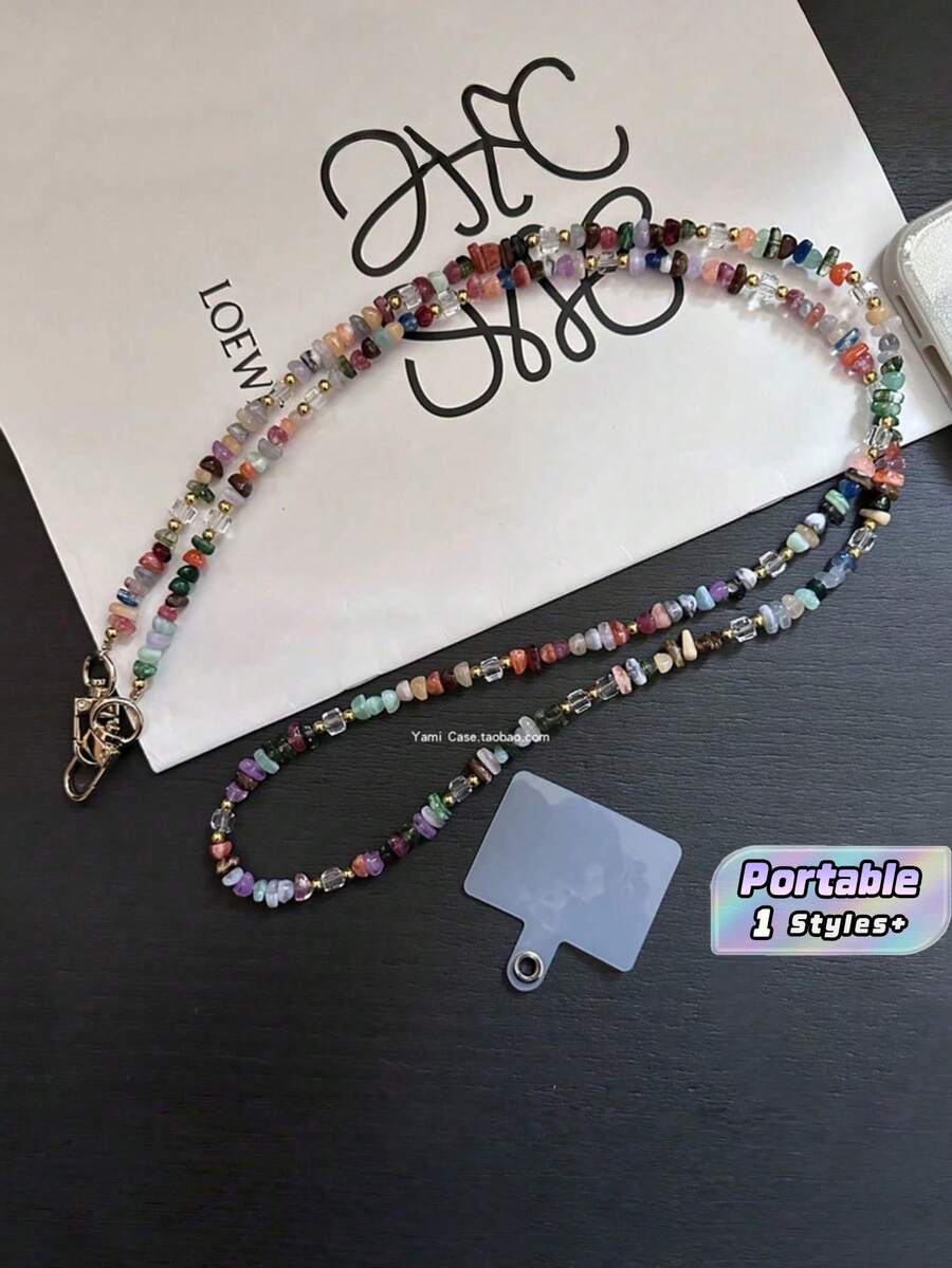 Pingente de contas de pedra multicoloridas em formato de cubo, alça transversal para capas de celular, anti-perda. - Multicolorido - Ver 1