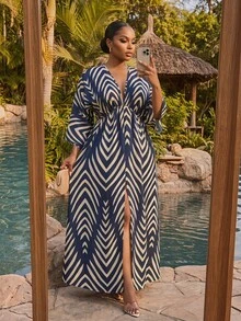 SHEIN CURVE+ 大码女式条纹撞色开衩下摆七分袖性感连衣裙 - 彩色 - 查看 3