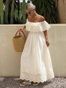 DAZY Women's Summer Vacation Hollow Embroidered Ruffle Off-Shoulder Dress Sundress - Apricot - View 1