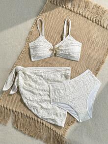 SHEIN Tween Girls' Summer Beach Vacation Solid Color Textured Fabric Metal Starfish Decor Bikini 3-Piece Set: Bikini Set, Cover-Up, And Skirt - Apricot - View 7