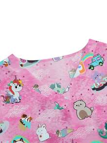 SHEIN Women's Pink Anime Cute Cartoon Pattern Scrub Top,V-Neck Short Sleeve Double Pocket Nurse Uniform,Veterinary Grooming Work Outfit,Functional Workwear - Pink - View 3