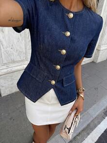 Siren Gaze Áo sơ mi denim nữ một hàng cúc, kiểu dáng thường ngày, đa năng. - Màu xanh lam - Xem 3