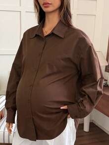 Dazy Maternity 纯色孕妇衬衫，翻领设计，后背蝴蝶结系带，宽松长袖，春夏款 - 棕色 - 查看 3