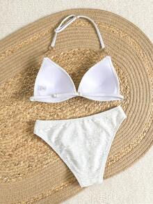 SHEIN Conjunto de bikini de 2 piezas con top halter y braga triangular de unicolor, adecuado para vacaciones de verano - Blanco - Ver 2