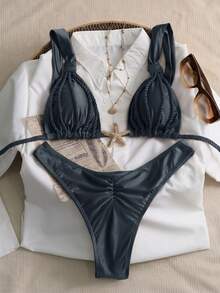 Swim Chiccia 女款 2 件式復古性感優雅浪漫荷葉邊細肩帶設計咖啡棕色海灘泳衣 - 灰色 - 查看 1